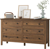 Walnut 6 Drawers Dresser for Bedroom, 55'' Wide Modern Wood Dresser with Black Handles, Large TV Stand Chest of Storage Drawers for Hallway, Living Room Tradare