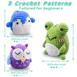 Crochet Kit for Beginners Kids Adults - Amigurumi Crocheting Animal Kits, Beginner Knitting Set DIY Art Craft, 3 Pattern Owl, Penguin, Frog, Easy to Learn Tutorials, Yarns, Hook, for Girls Age 12+ Andgiv