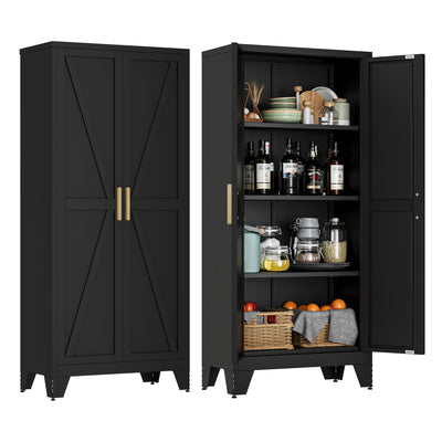 61" Tall Metal Storage Cabinet with 2 Doors and 3 Adjustable Shelves, 4-Tier Kitchen Pantry Storage Cabinet for Kitchen, Living Room, Dining Room and Office, Black