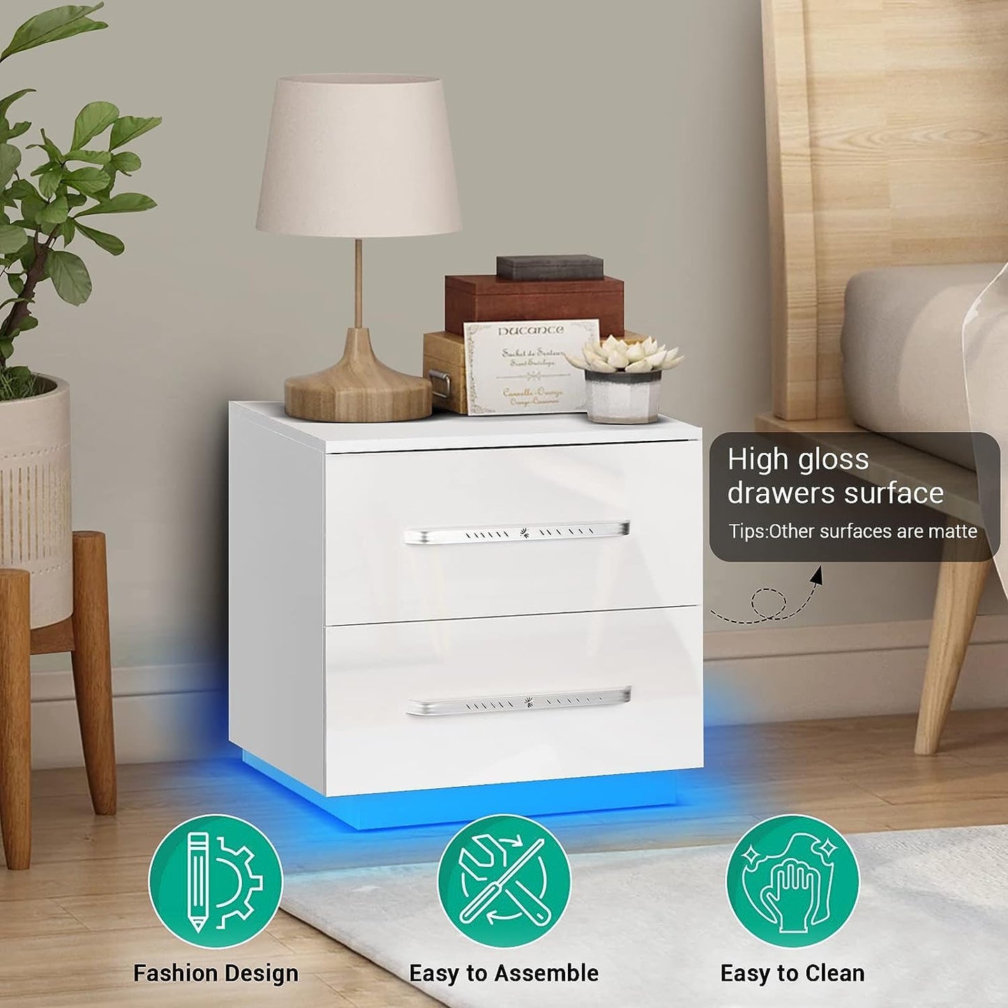 HOMMPA Small LED Nightstand Set of 2 White Nightstand with LED Light Modern Matte LED Bedside Table Night Stand with High Gloss Drawers for Bedroom Nightstand Furniture Set 19.7" Tall - WoodArtSupply