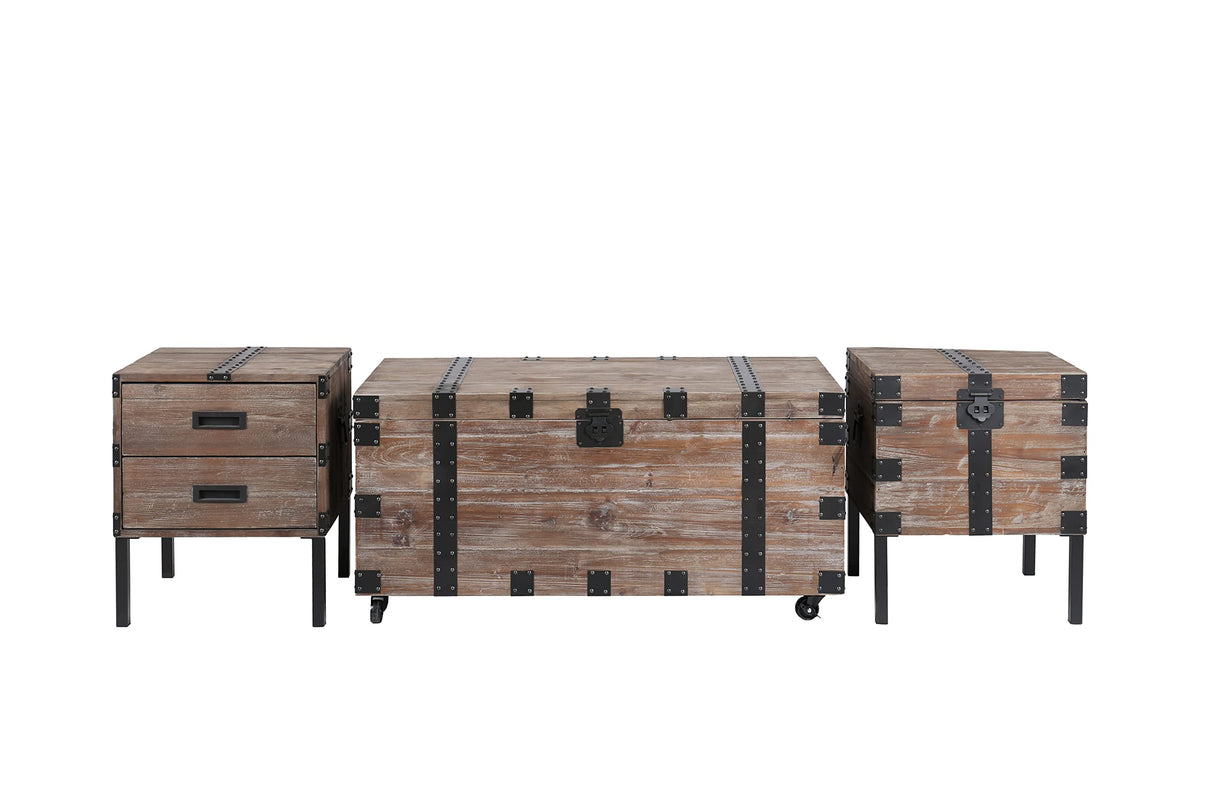 Rpuzonier Coffee Table Set, Vintage Wood Storage Trunk Coffee Table with Two End Side Table, Wood Center Table Rustic Cocktail Table with Two End Table for Living Room (Coffee Table with 2 End Table) Rpuzonier