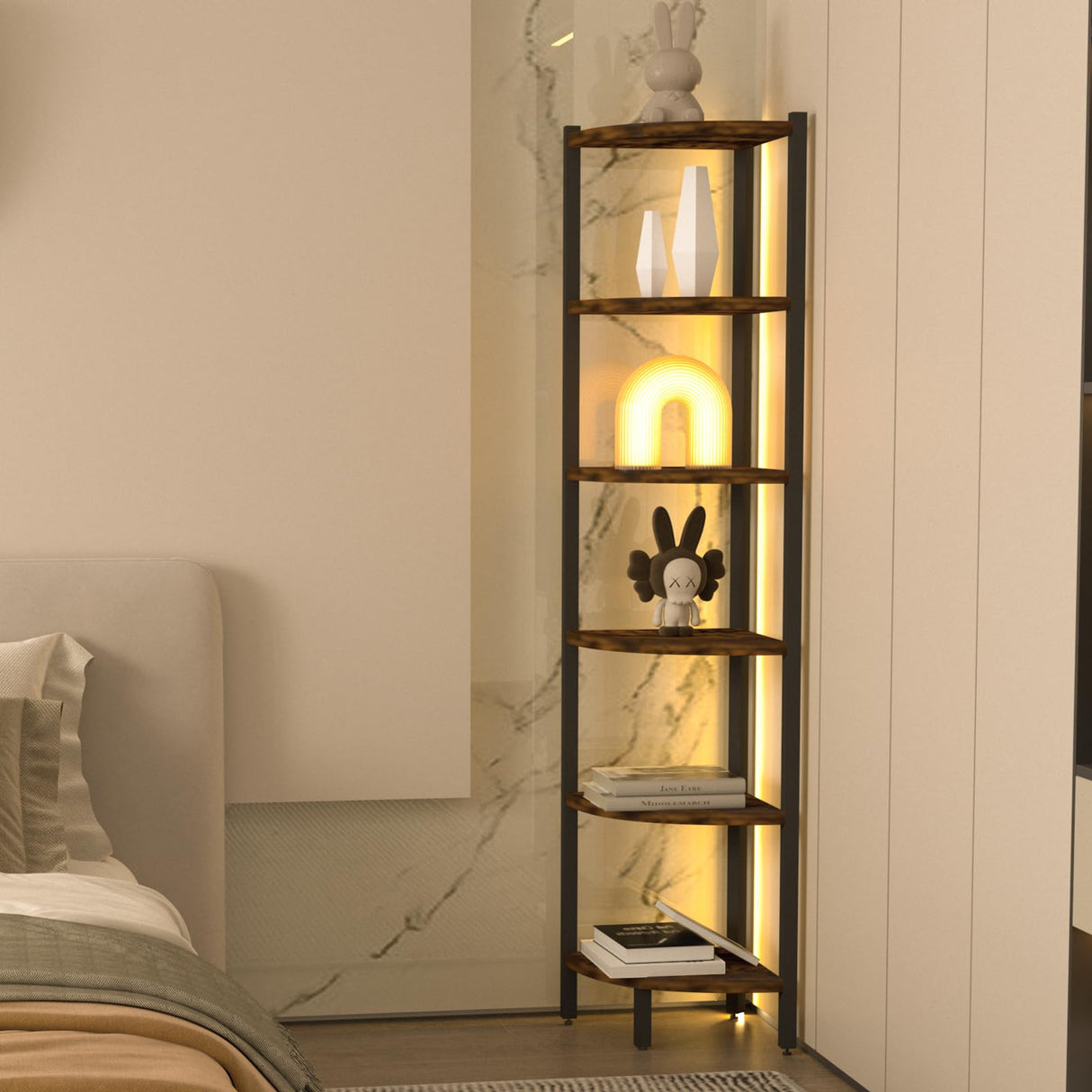 HONGOUZWL Corner Shelf with LED Lights, 6-Tier Corner Bookshelf, 66'' Organizer Book Shelf Shelves Steel Frame Display Stand with Living Room, Bedroom, Study, Rustic Brown HONGOUZWL