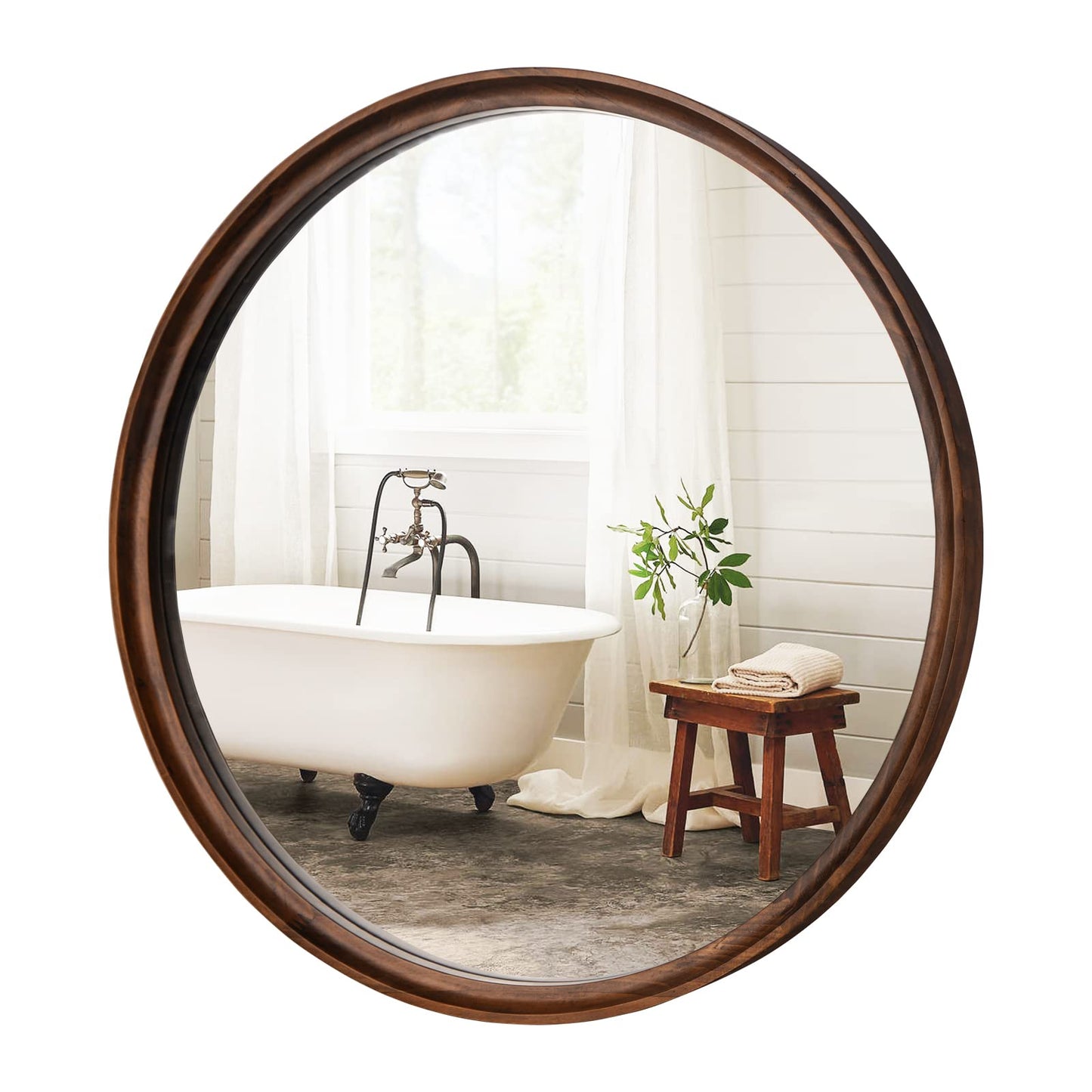 WallBeyond Round Mirror with Solid Real Wood Frame for Wall Decor, 26" Circle Wood Mirror Bathroom Wall Mirror for Living Room, Entryway and Bedroom,Brown - WoodArtSupply