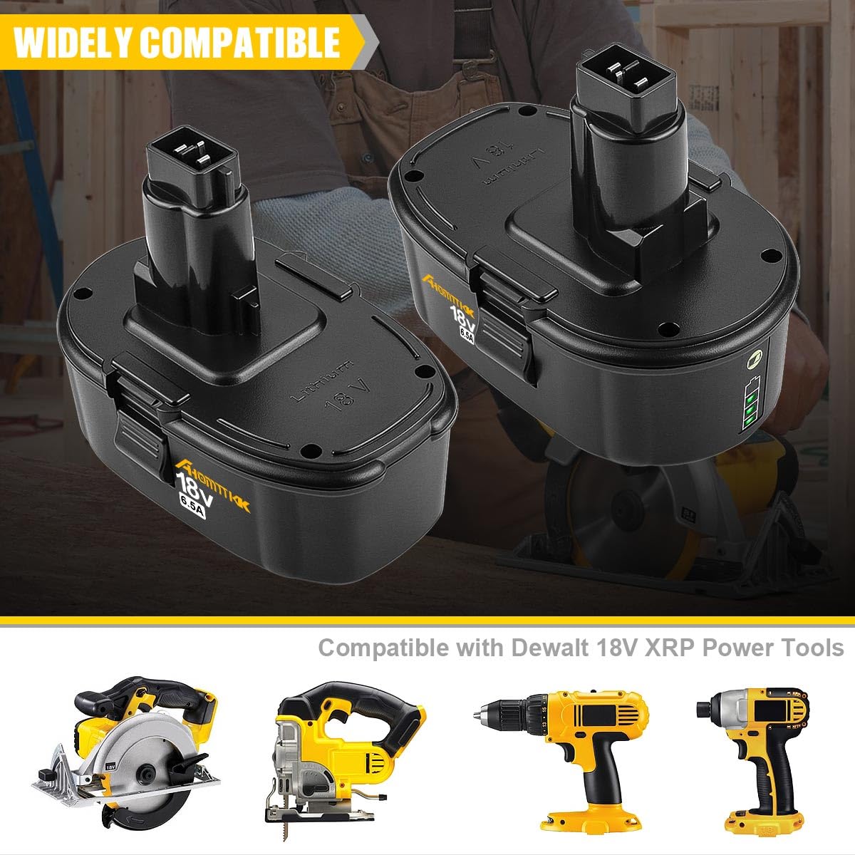 Ahomtikk 2Pack 6.5Ah Lithium-Ion Battery Replacement for Dewalt 18V XRP Battery DC9096 DC9098 DC9099 DE9096 DE9095 DW9096 DW9098 DW9095 DC9182 Dewalt 18V Batteries Ahomtikk