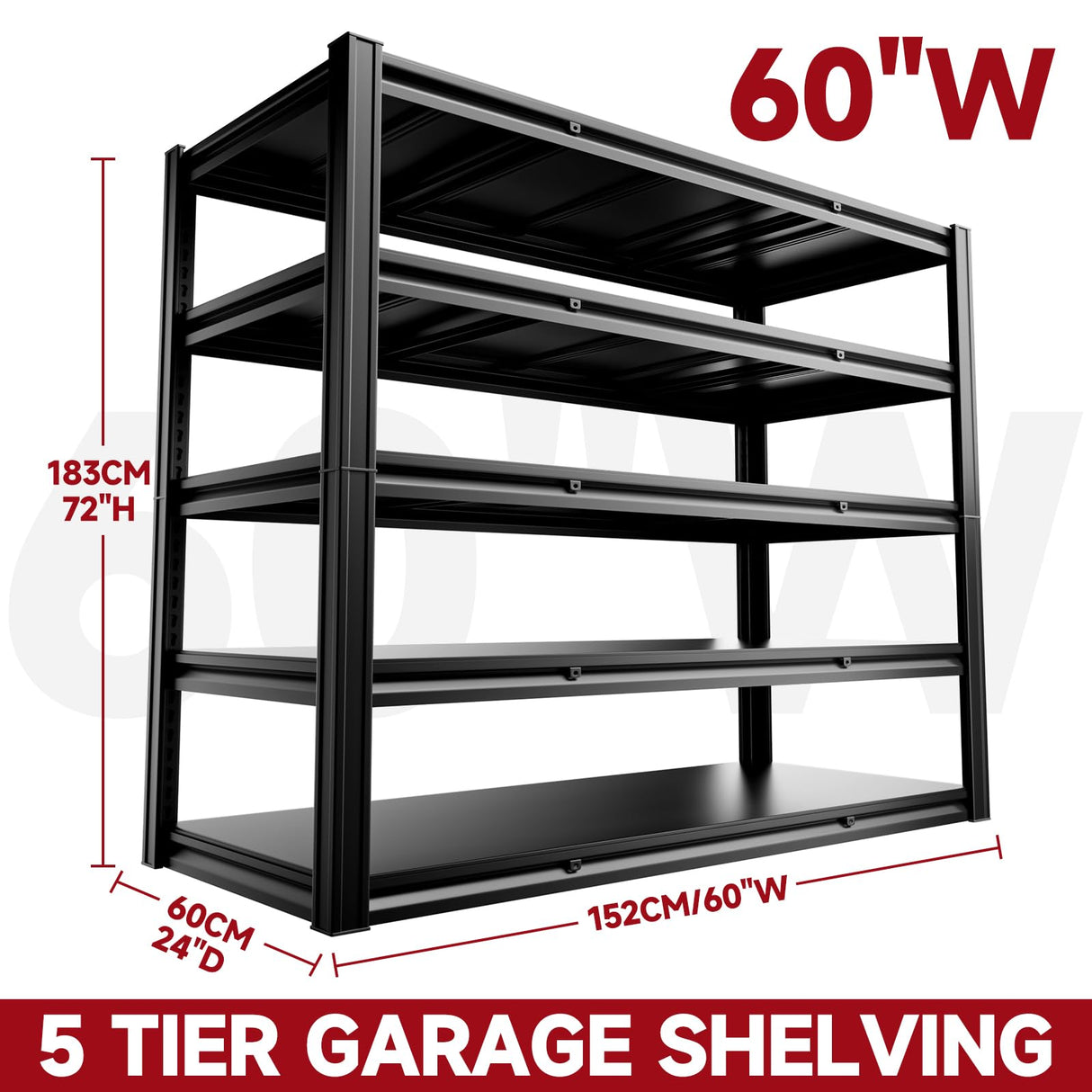 cynnda 5-Tier 60" W x 24" D x 72" H Garage Shelving 3000LBS Storage Shelves Heavy Duty Metal Shelf Unit Adjustable Basement Industrial Storage Racks cynnda