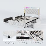 Elegant White Queen Bed Frame with LED Headboard, Storage Drawers, and Fast Charging Station XEPAMU