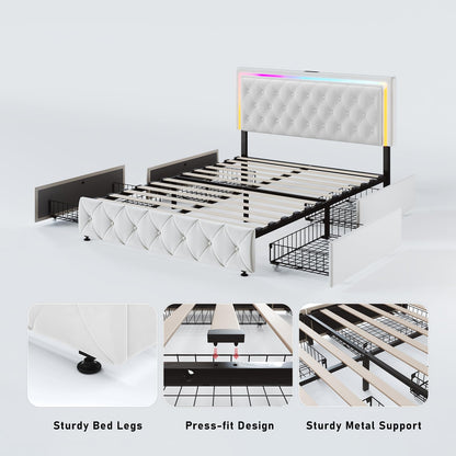 Elegant White Queen Bed Frame with LED Headboard, Storage Drawers, and Fast Charging Station - WoodArtSupply