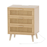 Rovaurx Rattan Nightstand with Charging Station, Night Stand with 3 Drawers, 28.5 Inch Bedside End Table for Bedroom, Side Table with USB Ports and Outlets, Boho Style, Natural RCTG110ME Rovaurx