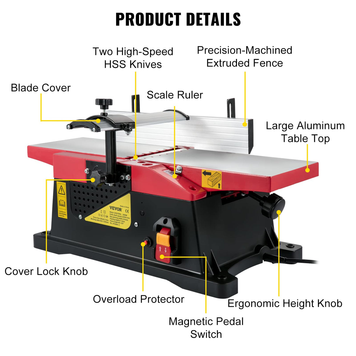 VEVOR Woodworking Benchtop Jointers 6inch with 1650W Motor,Heavy Duty Benchtop Planer Precise Cutterhead 2000rpm,2 Push Blocks Fence Depth Scale,Large Aluminum Work Table for Woodworking VEVOR