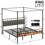 LIKIMIO Canopy Bed Frame King, Storage Headboard with Charging Station, Platform Bed with 4 Removable Sturdy Posts, Noise Free, No Box Spring Needed, Vintage Brown LIKIMIO