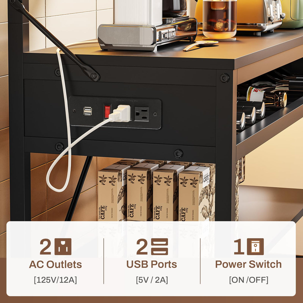 Itaar Bakers Rack with Power Outlet, 6-Tier Coffee Bar, Microwave Stand with Wine Rack, LED Lights and 10 Hooks, Bakers Racks for Kitchens with Storage, Black Itaar