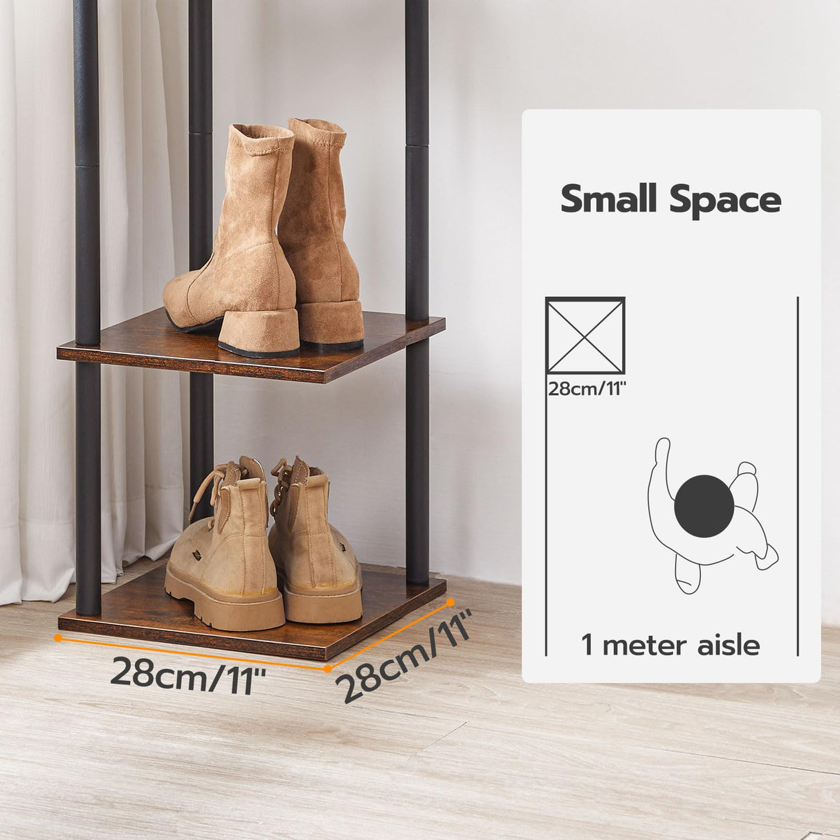 HOOBRO Vertical Shoe Rack, 8-Tier Narrow Shoe Shelf, Shoe Storage Organizer for Small Space, 11" L x 11" W x 53" H, Closet, Entryway, Hallway, Bedroom, Rustic Brown and Black BF22XJ01 HOOBRO