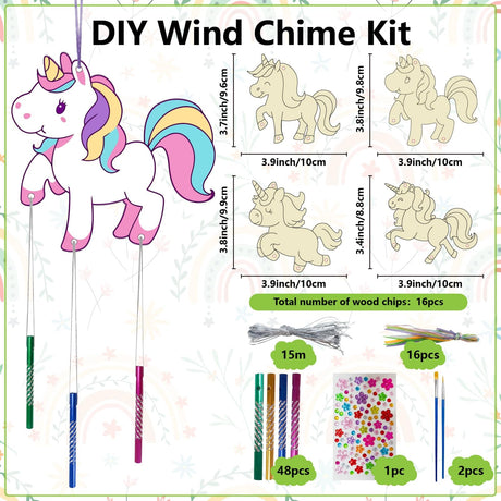 CRASPIRE 16 Pack DIY Wind Chime Kits Unicorn Make Your Own Wind Chime Coloring Wooden Easter Craft for DIY Crafts Activity Birthday Christmas Summer Party Decoration CRASPIRE