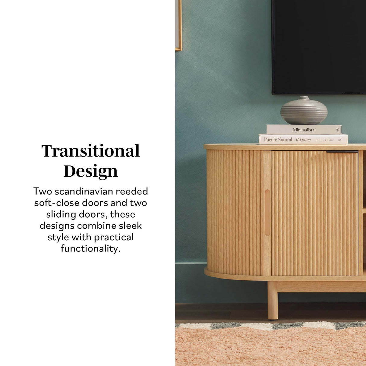 Walker Edison Modern Curved Reeded TV Stand for TVs up to 65 Inches, Credenza with Sliding Doors and Adjustable Shelves, TV Stand with Cord Management Cutout, 60 Inch, Coastal Oak Walker Edison