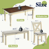 AMERLIFE 6-Piece Farmhouse Dining Table Set, 71” Solid Wood Table, 4 Upholstered Chairs and Bench, Rustic White and Walnut Finish, Seating for 6, for Kitchen or Dining Room AMERLIFE