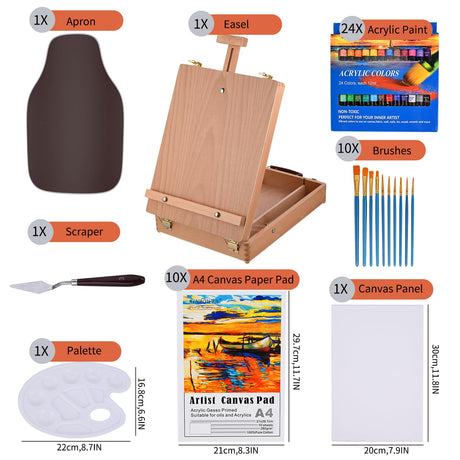 Tabletop Easel Acrylic Paint Set, 40 Pack Painting Kits for Adults, Painting Supplies with 24 Acrylic Paints, 10 Brushes, Art Easel, Paint Palette, Canvas, Paint Set Gifts for Students Artist Beginner Goldge