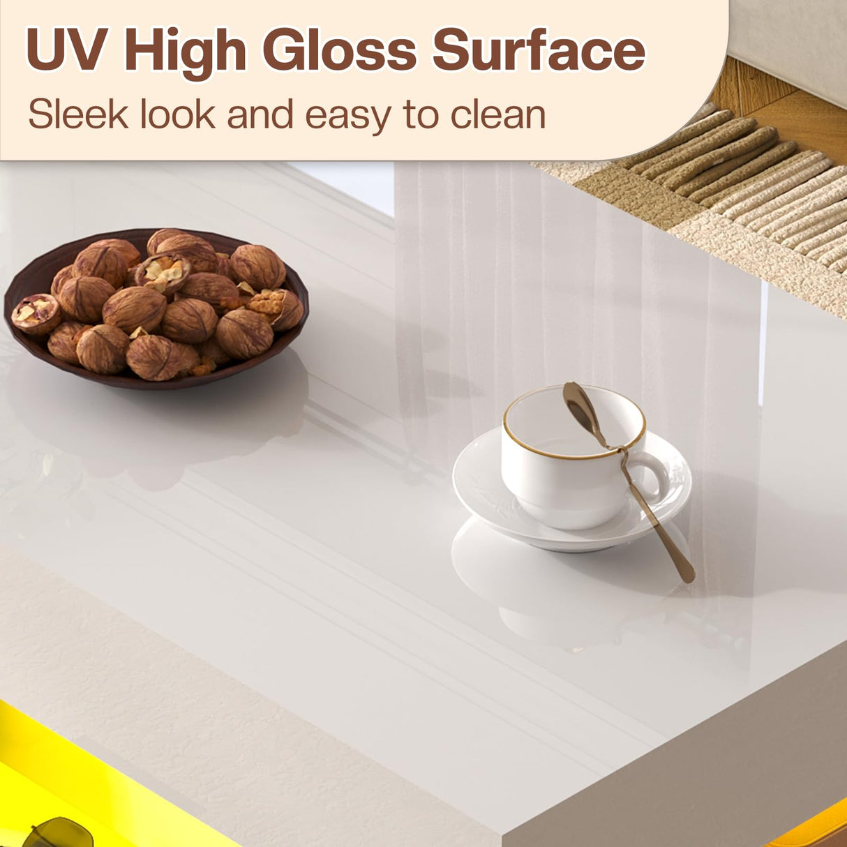 LUXOAK 3 Pieces Living Room Table Set, Modern High Gloss Coffee Table Set with LED Light and Storage Space, 2 End Side Tables with Charging Station for Living Room, Office, White LUXOAK