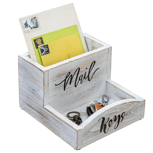 MyGift Shabby Whitewashed Solid Wood Mail Holder and Key Organizer Entryway Storage Tray with Cursive Mail and Keys Word Design, Office Desktop Organizing Bin