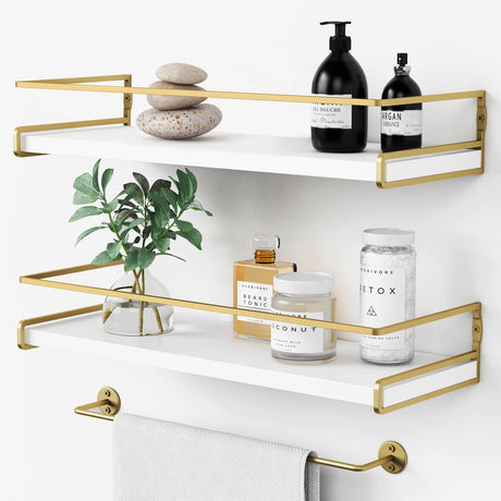 Forbena Floating Bathroom Shelves Wall Mounted, Aesthetic White and Gold Shelves for Bathroom Accessories, Modern Bathroom Organizer with Tower Bar for Wall Decor Storage Small Spaces, Set of 2 Forbena