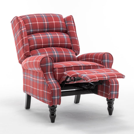 PATIOPTION Upholstered Wingback Recliner Chair, Plaid Recliner Chair Armchair Adjustable Footrest Push Back Reclining Sofa, Mid-Century Modern Lounge Armchair for Living Room, Bedroom, Reading - Red PATIOPTION