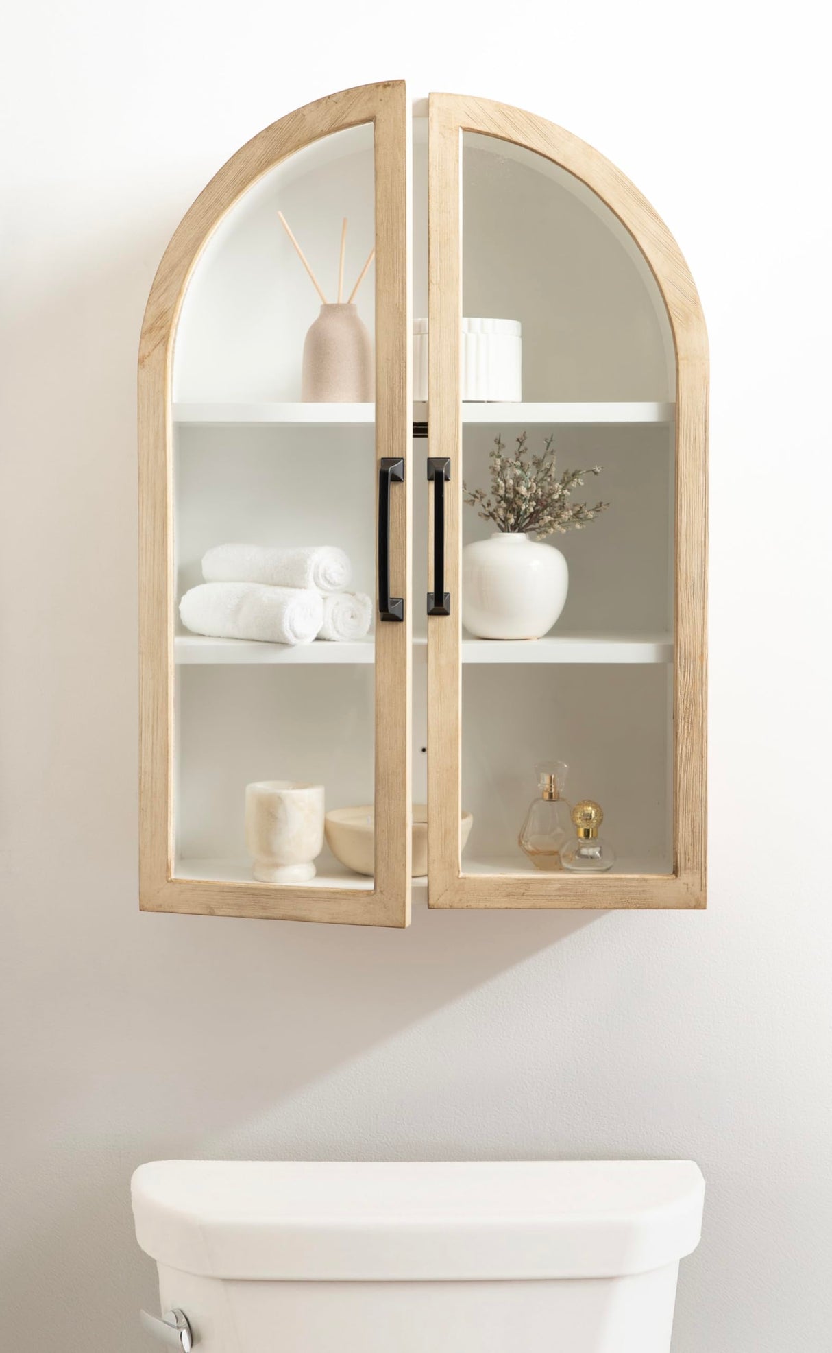 Kate and Laurel Arcott Modern Arch Wall Cabinet, 21 x 8 x 30, Natural Wood and White, Transitional Arched Cabinet for Use as Over-The-Toilet Storage or Living Room Storage Cabinet Kate and Laurel