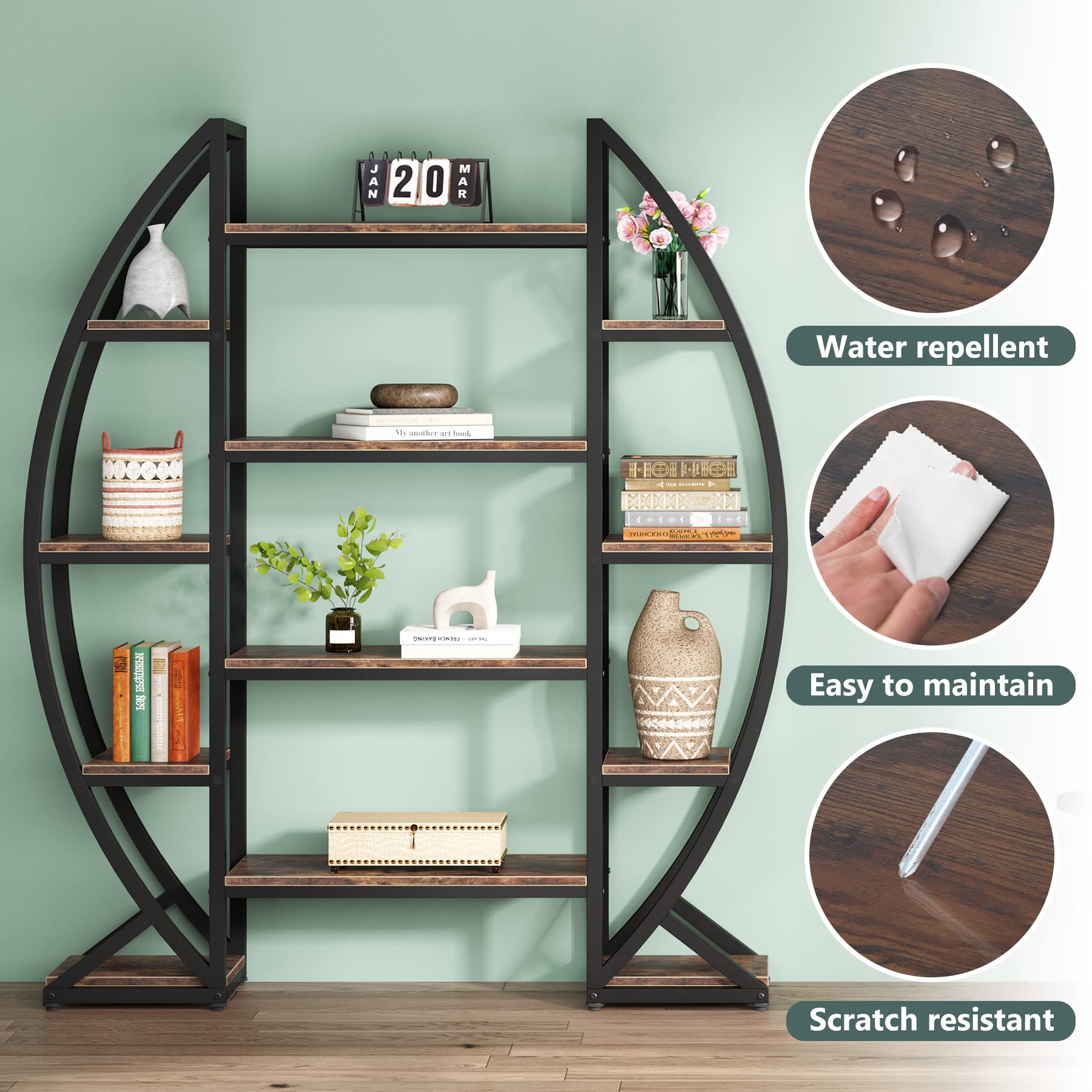 Tribesigns 55" Industrial Oval 5-Tier Bookcase - Triple Wide Etagere in Rustic Brown - WoodArtSupply