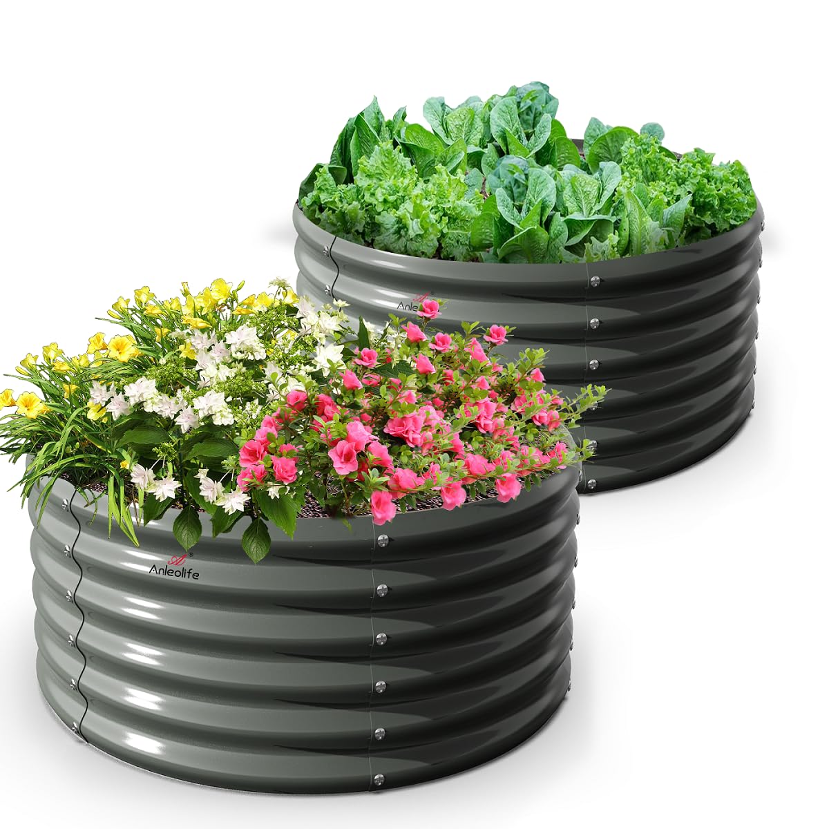 A ANLEOLIFE 2-Pack 4ft x 18” Tall Galvanized Raised Garden Beds Outdoor, Round Metal Planter Box for Planting Vegetables Flowers Herb, Anti-Rust & Easy-Setup, Quartz Grey A ANLEOLIFE
