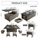 Guyii 38.97" Lift-Top Coffee Table with 4 Stools, 3-in-1 Multi-Functional Center Table, Expandable Dining Table for Living Room, Lift Tabletop Coffee Table with Hidden Storage Compartment, Grey Guyii