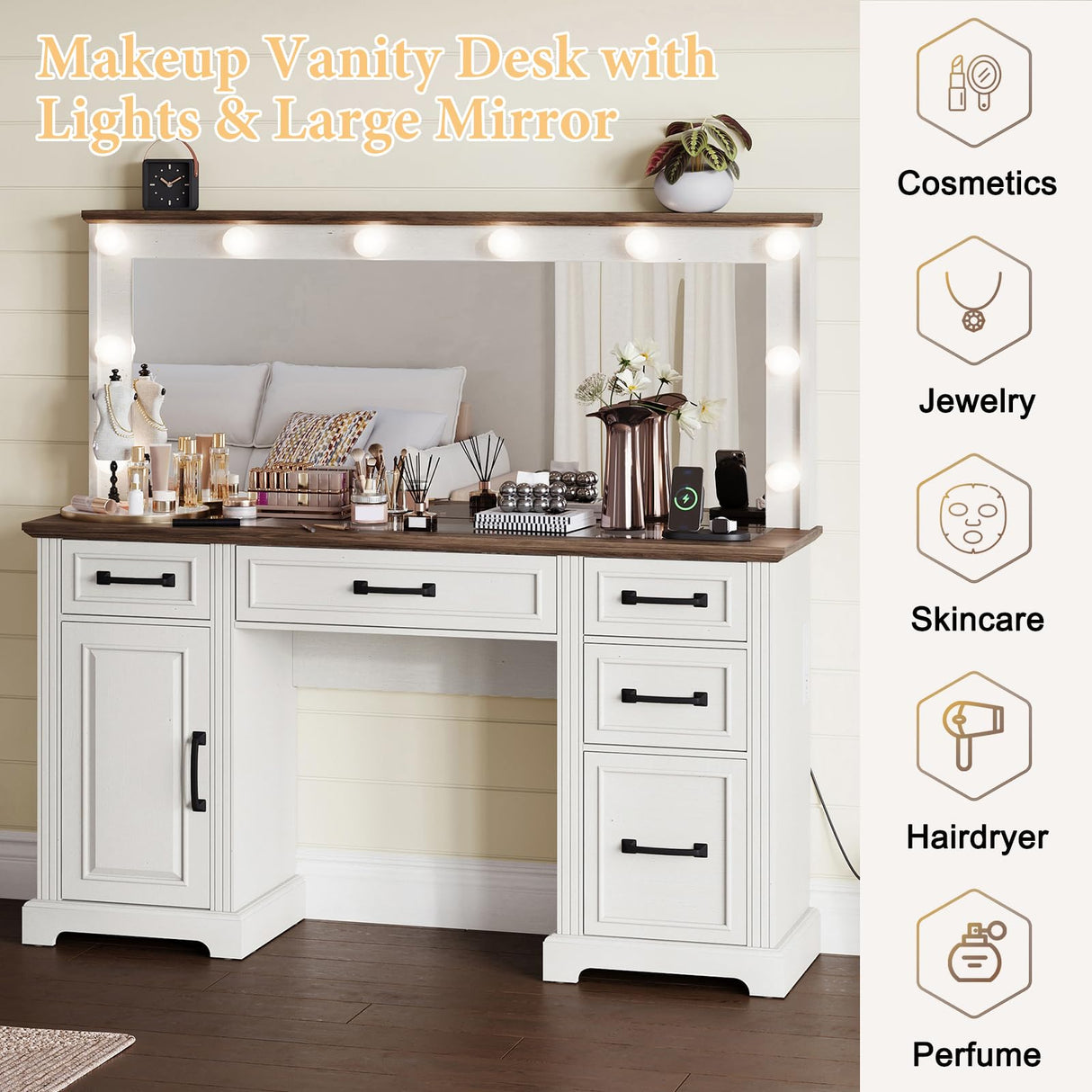 YUMPIE 55" Farmhouse Vanity Desk with Large Mirror & Lights, Glass Top Large Makeup Vanity Table with 10 Hollywood Lights Bulbs, Charging Station, 5 Drawers, Dressing Table for Bedroom, Rustic White YUMPIE