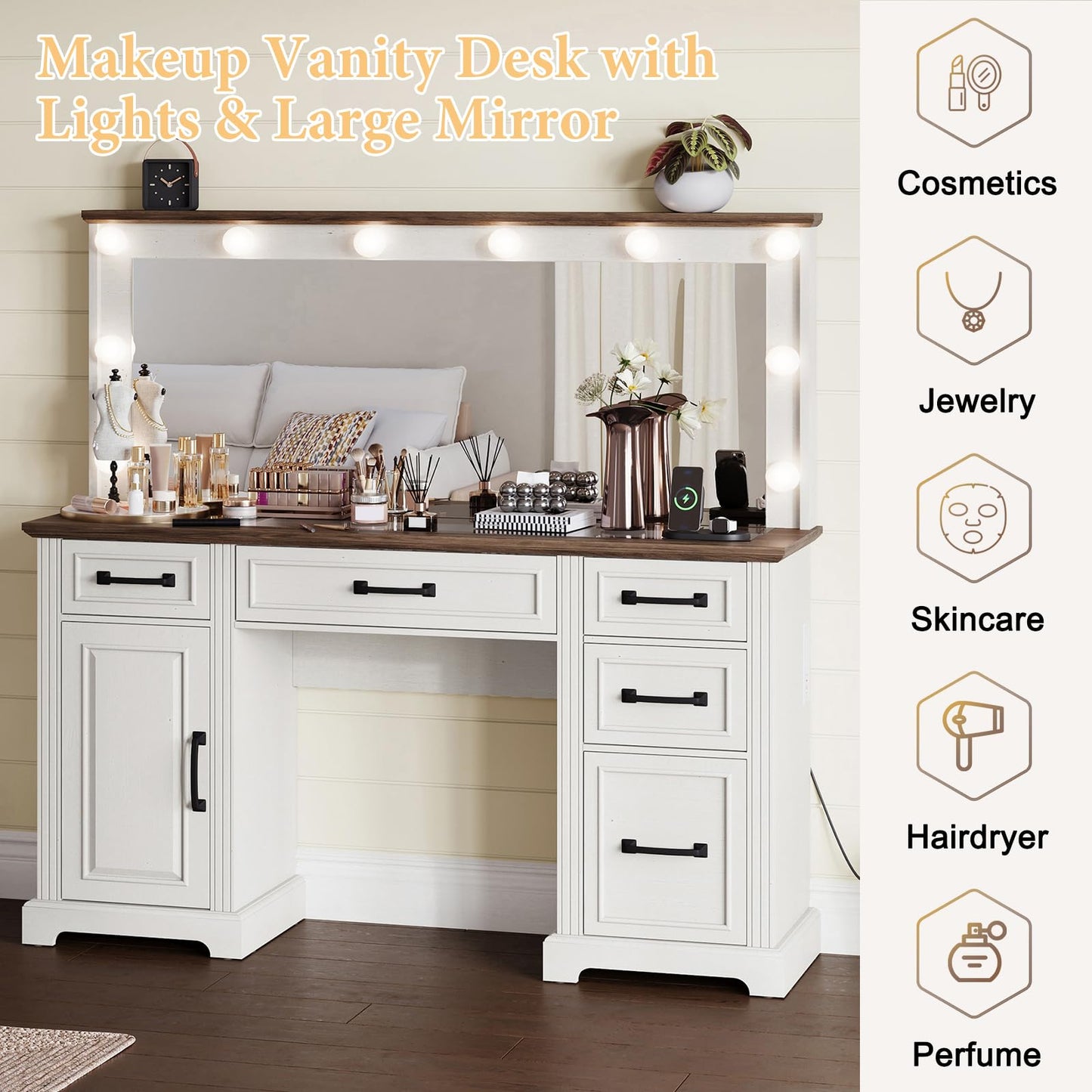 YUMPIE 55" Farmhouse Vanity Desk with Large Mirror & Lights, Glass Top Large Makeup Vanity Table with 10 Hollywood Lights Bulbs, Charging Station, 5 Drawers, Dressing Table for Bedroom, Rustic White