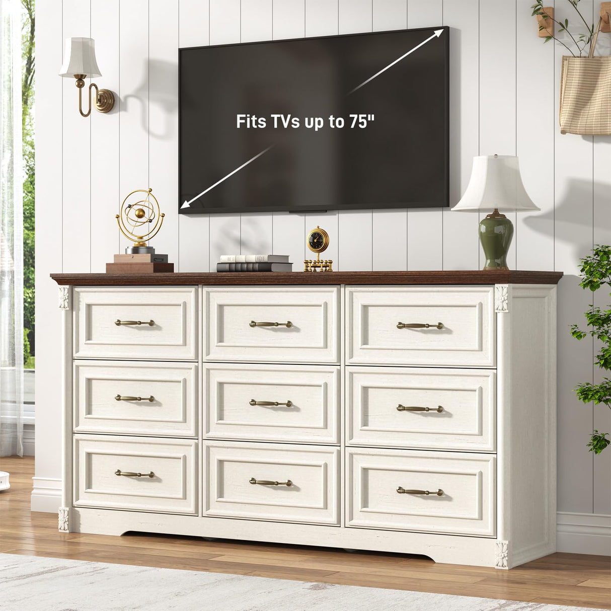 Farmhouse Wood 9 Drawer Dresser for Bedroom,Embossed Roman Column Wood Rustic 63 Inch Wide Dresser & Chest of Drawers with Rustic Handles,Tall Storage Organizer for Bedroom(Antique White) chartustriable