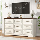 Farmhouse Wood 9 Drawer Dresser for Bedroom,Embossed Roman Column Wood Rustic 63 Inch Wide Dresser & Chest of Drawers with Rustic Handles,Tall Storage Organizer for Bedroom(Antique White) chartustriable