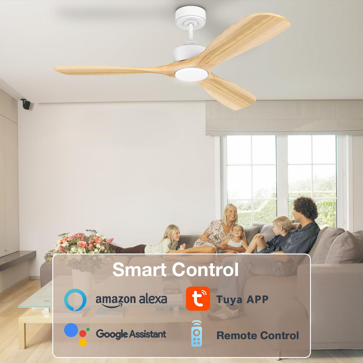 Hoenofly 52” Wood Smart Ceiling Fans with Lights Remote,Quiet DC Motor,Outdoor Indoor Ceiling Fan,Voice Control via WIFI Alexa App,Dimmable,Modern Light Wood Ceiling Fan for Bedroom Patio Porch Hoenofly