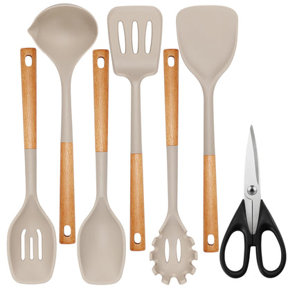 QMVESS Large Silicone Cooking Utensils Set 7 Pcs Heat Resistant Kitchen Utensils Set Food Grade Silicone and Wooden Handles Spatula Soup Ladle Pasta Server Kitchen Scissors BPA Free (Khaki) - WoodArtSupply