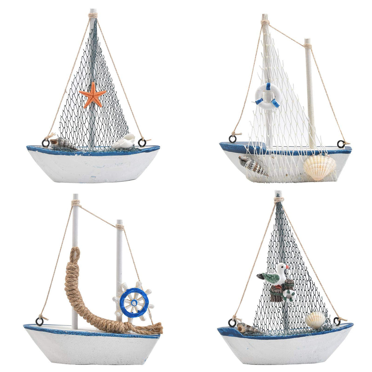 BUYGOO Mini Sailboat Model Decoration - 4-Piece Wooden Miniature Sailing Boat Home Decor Set BUYGO
