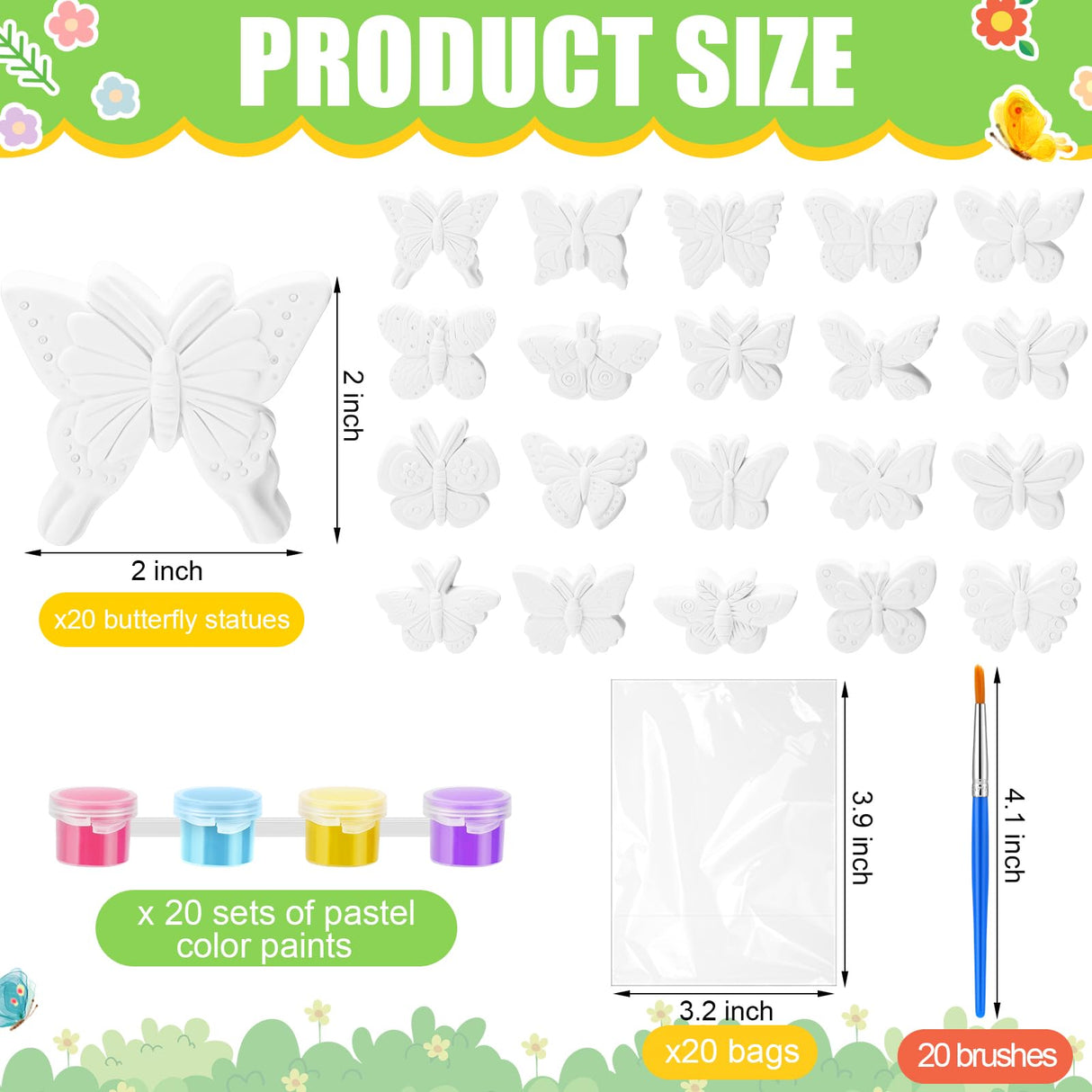 JellyArch 20 Set Butterfly DIY Painting Kit Summer Ceramic to Paint Your Own Butterfly Statues Unpainted Plaster Figurines Brushes Acrylic Paints Bags Party Favor for Adults JellyArch