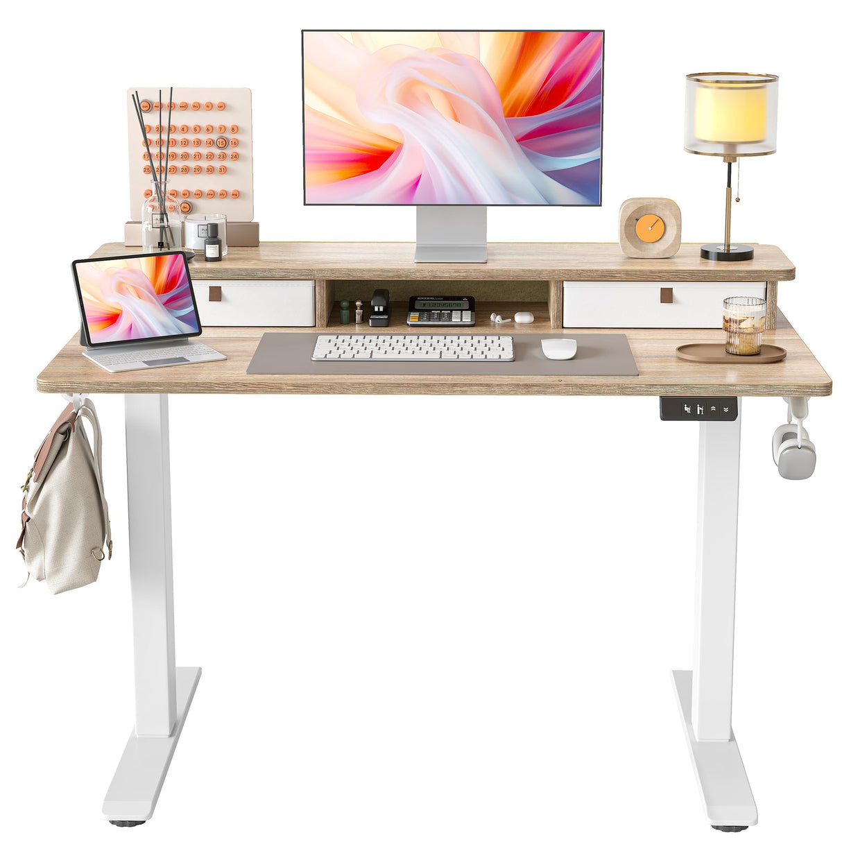 TIQLAB 48 * 24 Inch Standing Desk with Two Drawers, Stand Up Standing Desk Adjustable Height, Electric Sit Stand Desk with Storage Shelf and Splice Board, Maple TIQLAB