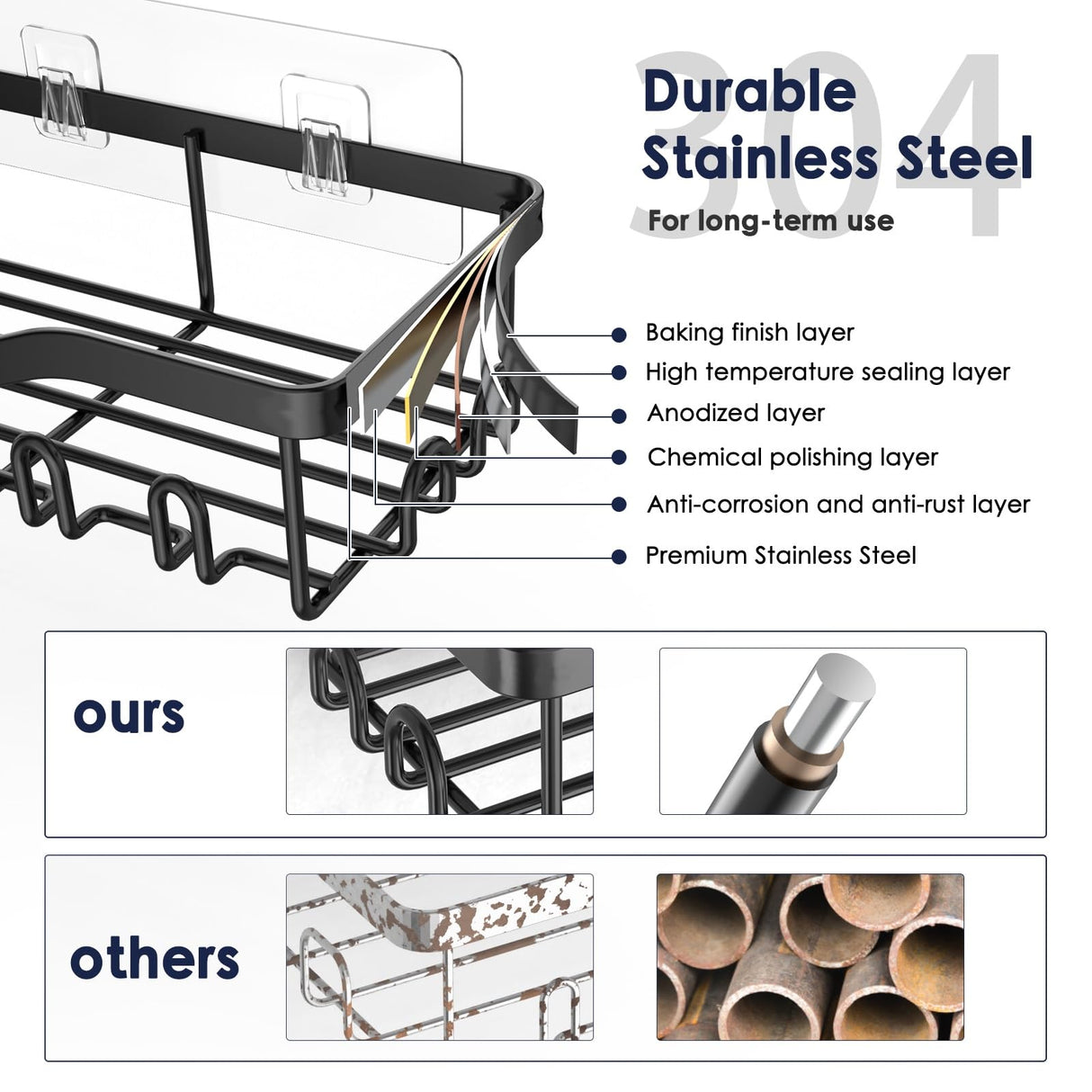 NESOMI Shower Caddy Adhesive Shower Organizer Rustproof Stainless Steel Bathroom Shelves, Large Capacity No-Drill Rack Storage Accessories with Soap Dish Toothbrush Holder & 16 Hooks Home Decor Black NESOMI