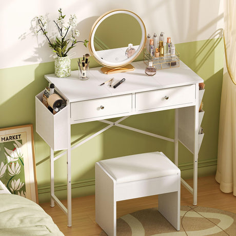 White Vanity Desk with Fabric Drawer, 32 Inch Small Makeup Vanity Desk No Mirror No Chair, Girls Dressing Table with Side Pocket, Modern Vanity Table for Cosmetics, Hair Tools in Bedroom Dressing Room Zuyachuza