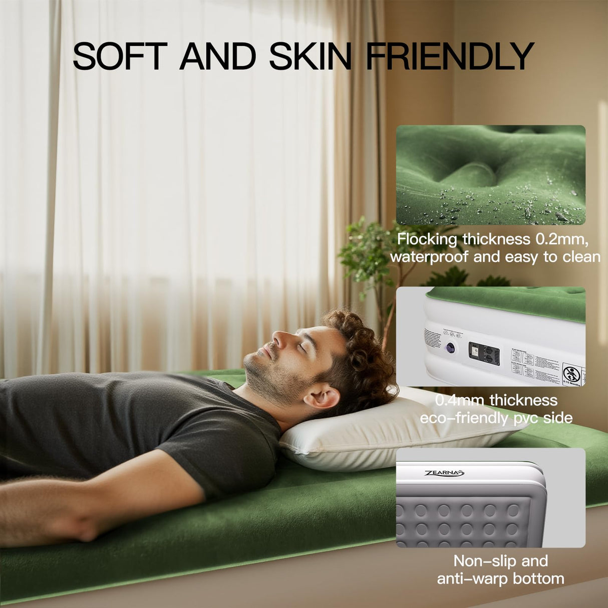 Zearna 2025 Upgraded Queen Air Mattress with Built in Pump，16'' Comfort Blow up Mattress, Quiet Surface Portable Inflatable Mattress, Air Bed with Storage Bag for Guests, Home, Camping, 660 lbs Max Zearna