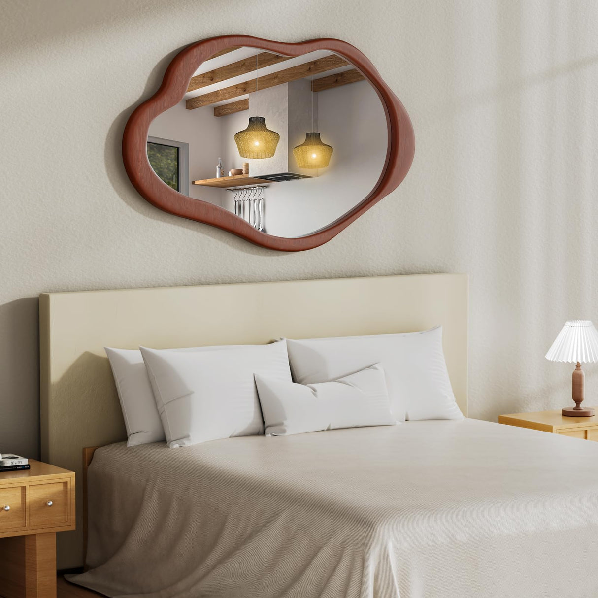 osemy 42"x 28" Irregular Wall Mirror, Walnut Wood Framed Wall Mirror, Asymmetrical Wall Wavy Mirror for Living Room Bedroom Entryway Bathroom Modern Decorative Cloud Mirror Hanging Hooks osemy