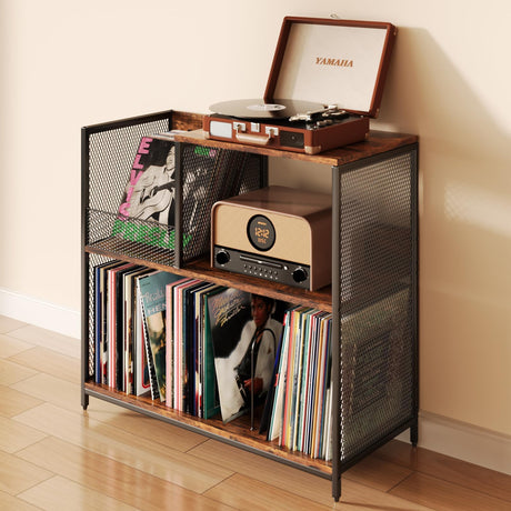 Huxitocan 3 Tier Record Player Stand Holds Up to 300 Albums with 4 Adjustable Divider for Turntable Stand, Large Vintage Record Player Table with Vinyl Record Holder Cabinet-Patent Pending Huxitocan