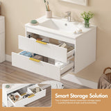 30" Bathroom Vanity Cabinet with Ceramic Sink, Wall-Mounted Floating Vanity, Integrated Sink, 2 Large Storage Drawers, with Sensor LED Light, Metal Handles, for Small Bathroom, Home, Spa, Hotel, White Kikihouse
