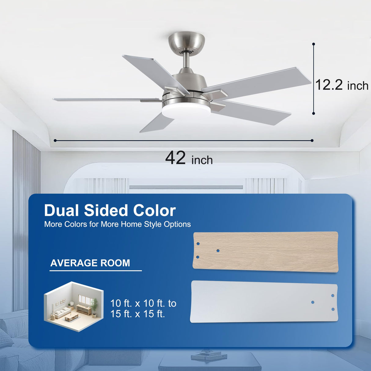 42 Inch Ceiling Fans with Lights and Remote, Brushed Nickel Ceiling Fan, 6 Speed Reversible DC Motor, 3CCT Dimmable LED, Modern Design for Bedroom, Living Room & Covered Outdoor,Includes Downrod Rayqueen