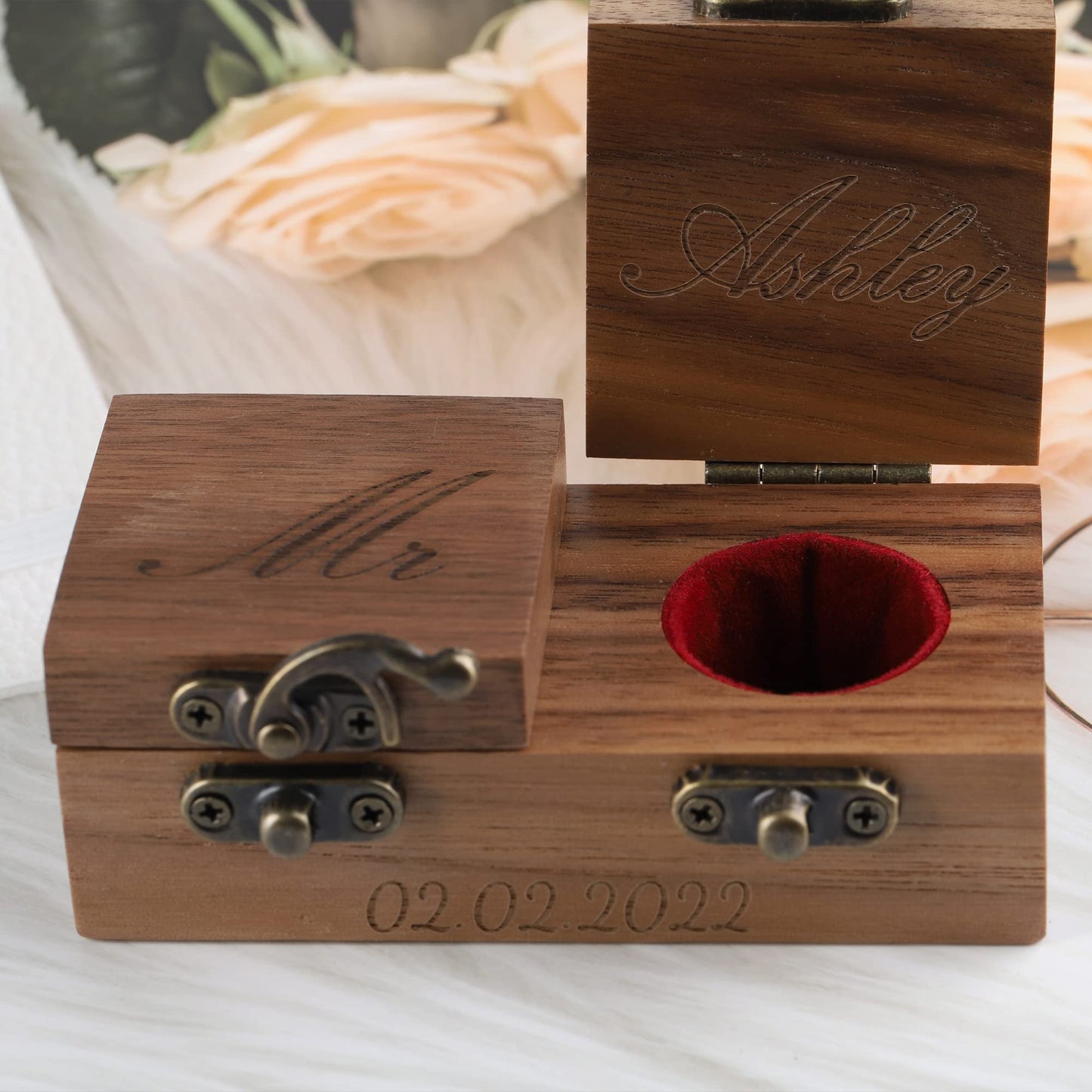 Godchoices Personalized Wooden Engagement Ring Box Wooden Rustic Ring Case | Custom Name Engraved Ring Bearer Box Wooden Ring Holder for Proposals, Wedding Ceremony - WoodArtSupply