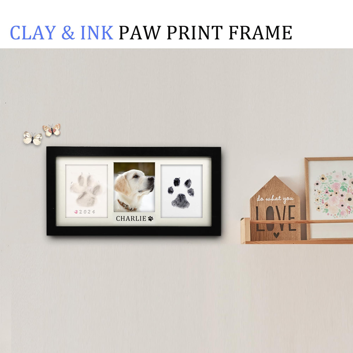 MYPAWLETS Paw Print Frame Kit,Dog/Cat Paw Print Kit,Soft Pawprint Clay&Clean Touch Ink Pad,Pet Paw Print Impression Kit with Customization Tool,Wooden Pet Memorial Frame,DIY Dog Lover Gifts-Black MYPAWLETS