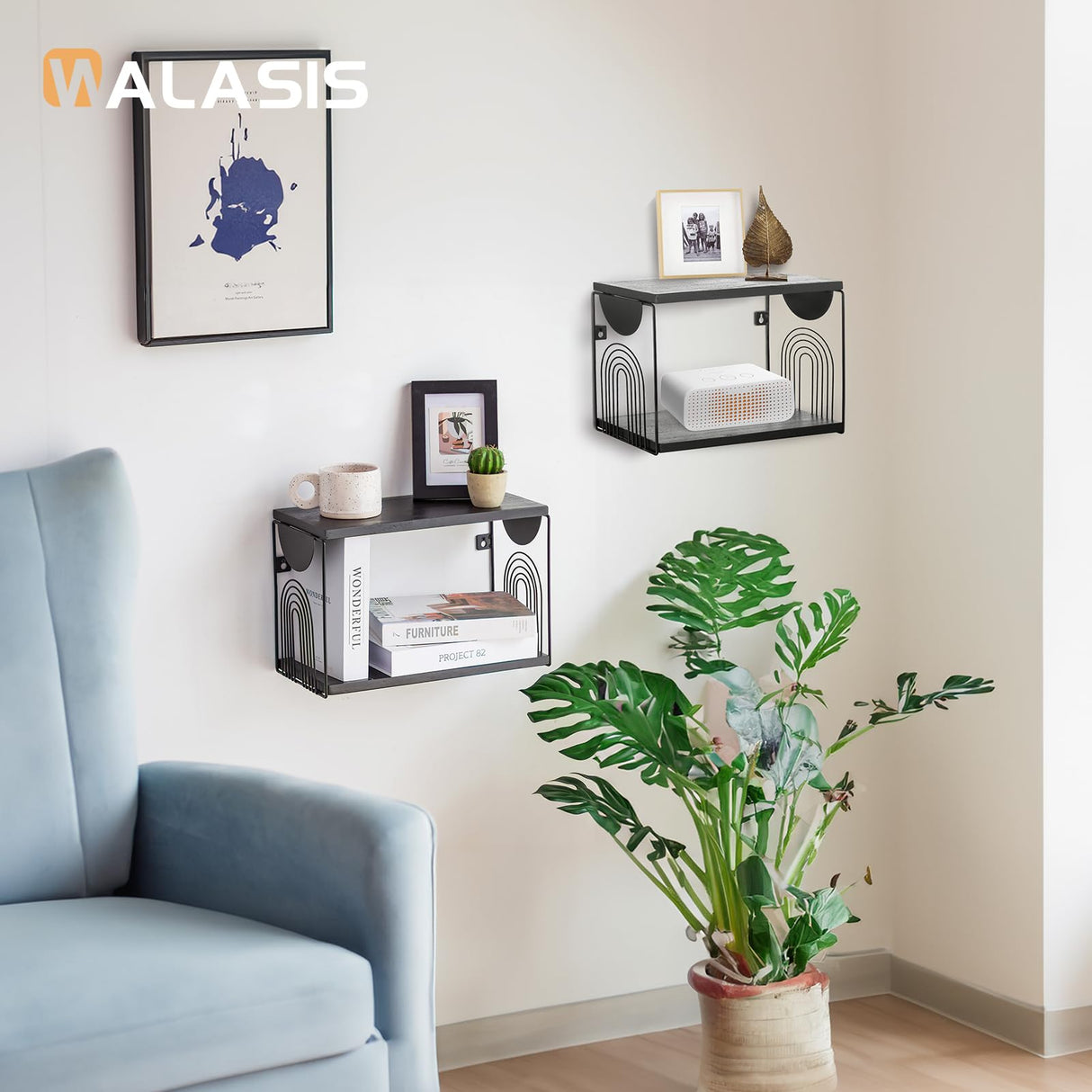 Walasis Black Nightstand Set of 2 - Floating Bedside Shelf Wood Wall Mounted Table Modern Hanging Night Stand Shelves Metal Walasis