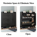 Auromie Free Standing Shoe Organizer with 2 Flip Drawers and Side Cabinet, Entryway Narrow Shoe Storage with Door for Hallway and Living Room (Black Plus) Auromie