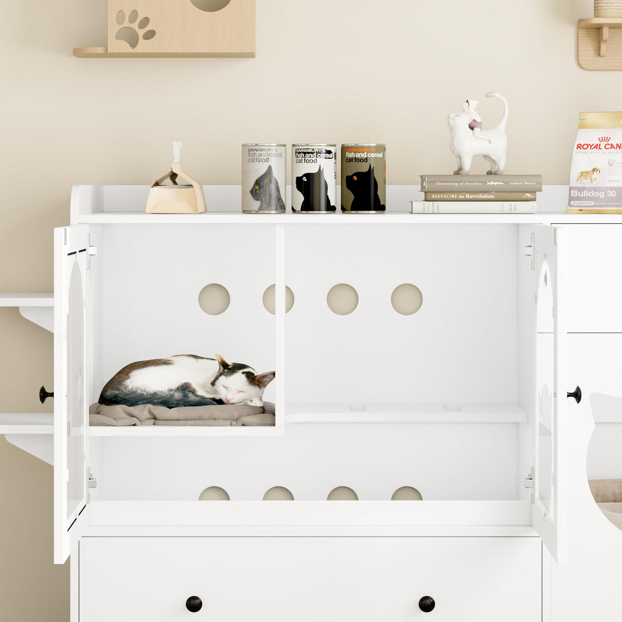 FACBOTALL 55.1" Cat Litter Box Enclosure, Furniture Hidden With Scratcher, Storage Cabinet With Bowls, Wooden Pet Crate House With Storage Spaces, Indoor House Furniture FACBOTALL