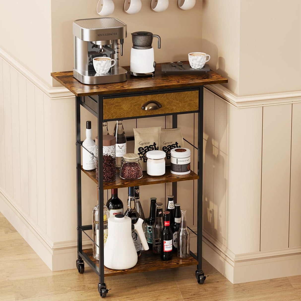Coffee Bar Stand Station Cart with Storage Drawer -3 Tier, Extended Worktop Coffee Table, Farmhouse Corner Bar Cabinet for Small Spaces, Barkers Rack & Home Bar for Kitchen , Entryway, Living Room X-cosrack